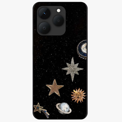 Galactic Charm Glow Glass Case showing flat back view with glowing celestial charm artwork and glossy glass finish.