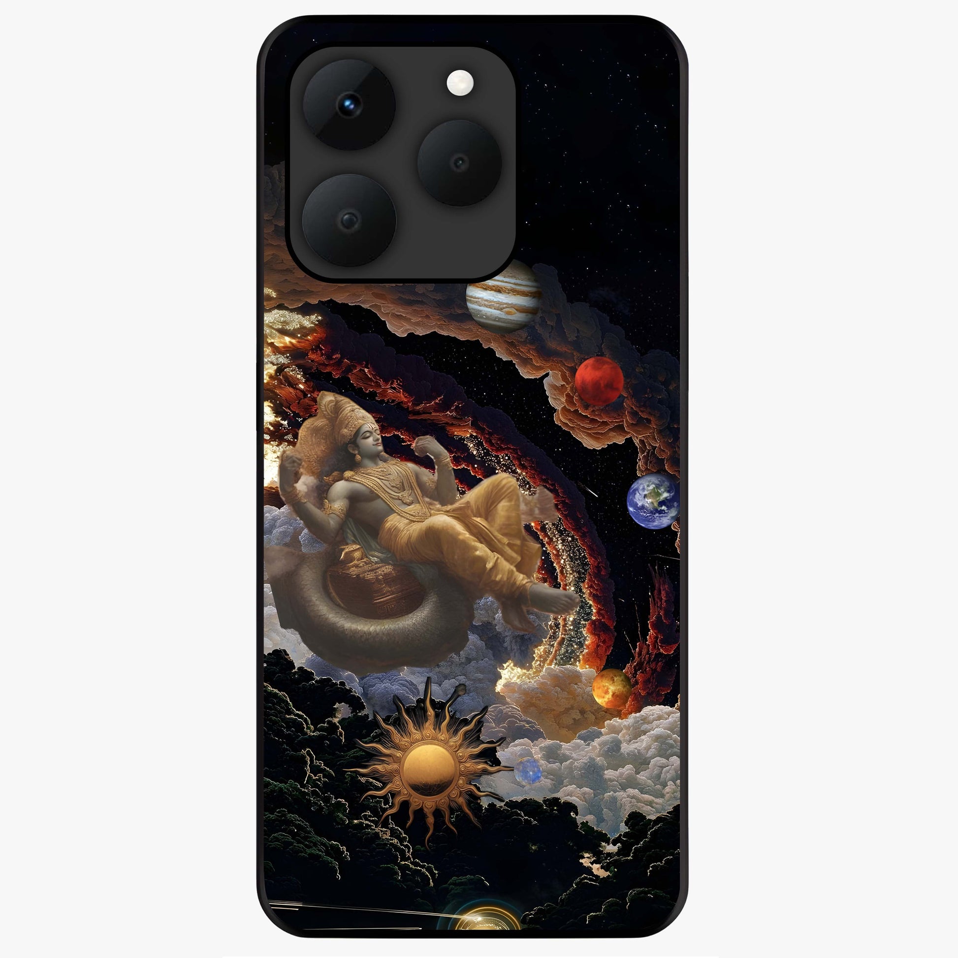Galactic Divine God Glass Case showing flat back view with divine cosmic themed artwork and glossy glass finish.