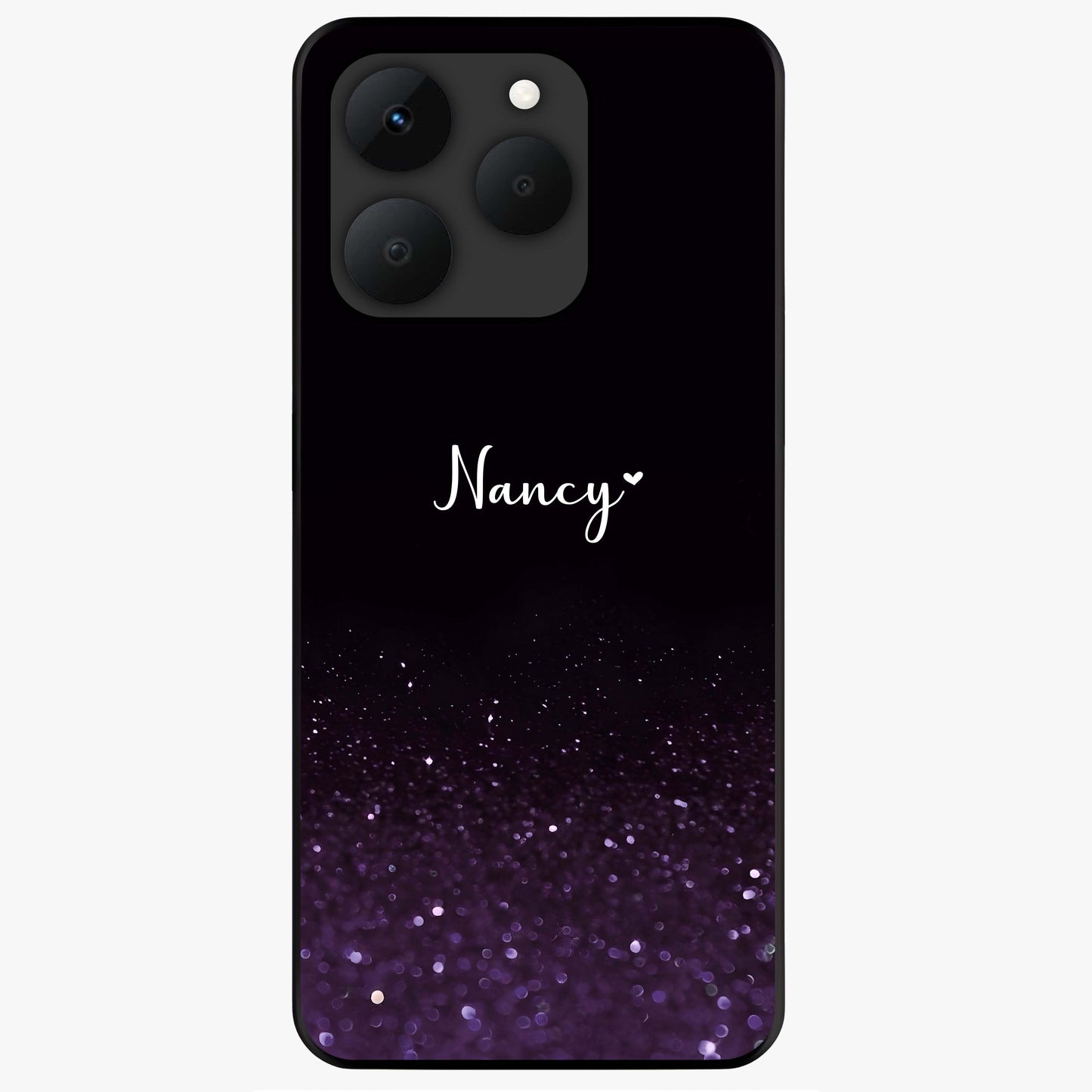 Glittery Purple Bokeh Custom Name Glass Case showing flat back view with purple bokeh sparkle artwork and personalized name design.