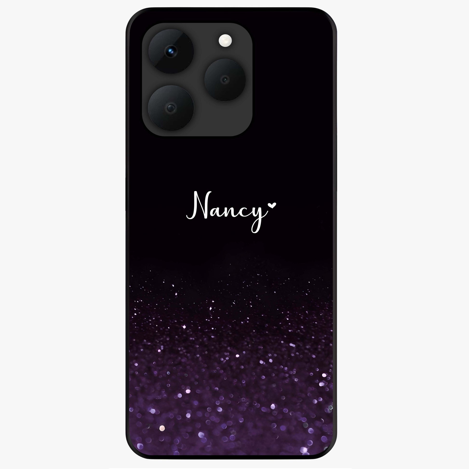 Glittery Purple Bokeh Custom Name Glass Case showing flat back view with purple bokeh sparkle artwork and personalized name design.