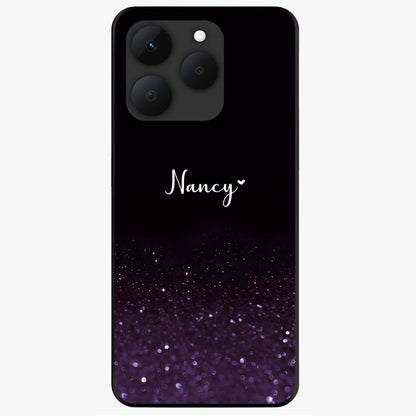 Glittery Purple Bokeh Custom Name Glass Case showing flat back view with purple bokeh sparkle artwork and personalized name design.