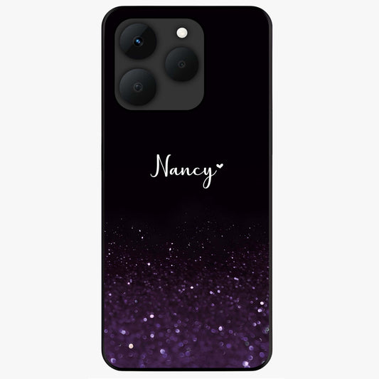 Glittery Purple Bokeh Custom Name Glass Case showing flat back view with purple bokeh sparkle artwork and personalized name design.