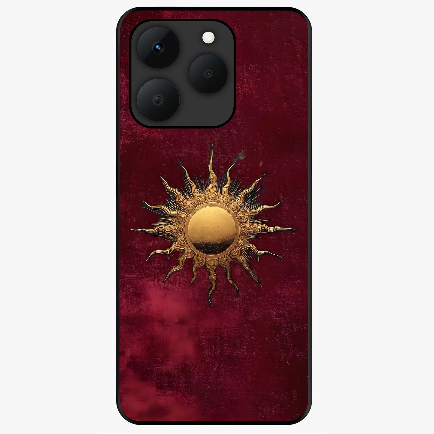 Gold Sun Blush Glass Case showing flat back view with golden sun inspired artwork and glossy glass finish.