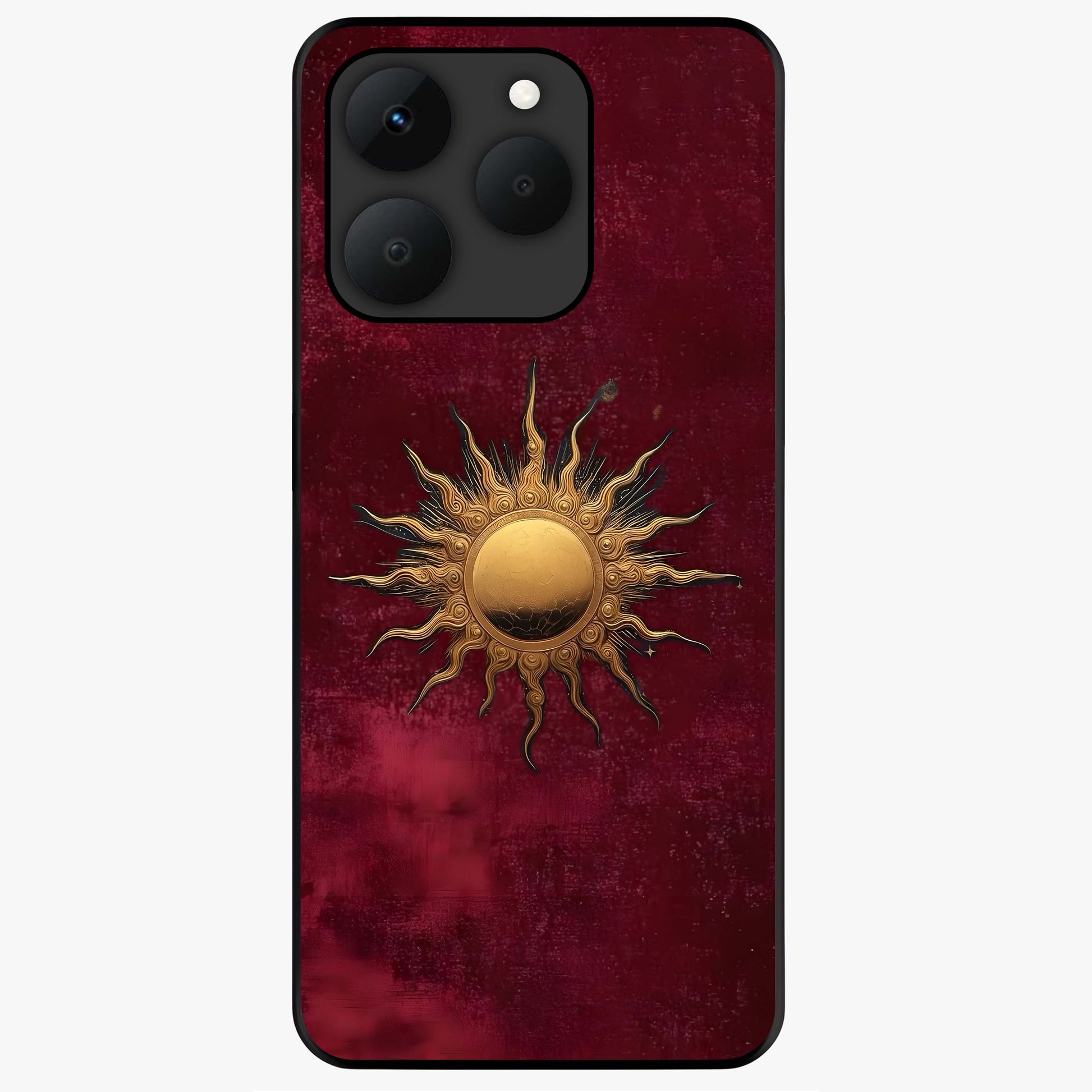 Gold Sun Blush Glass Case showing flat back view with golden sun inspired artwork and glossy glass finish.