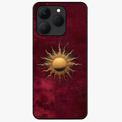 Gold Sun Blush Glass Case showing flat back view with golden sun inspired artwork and glossy glass finish.