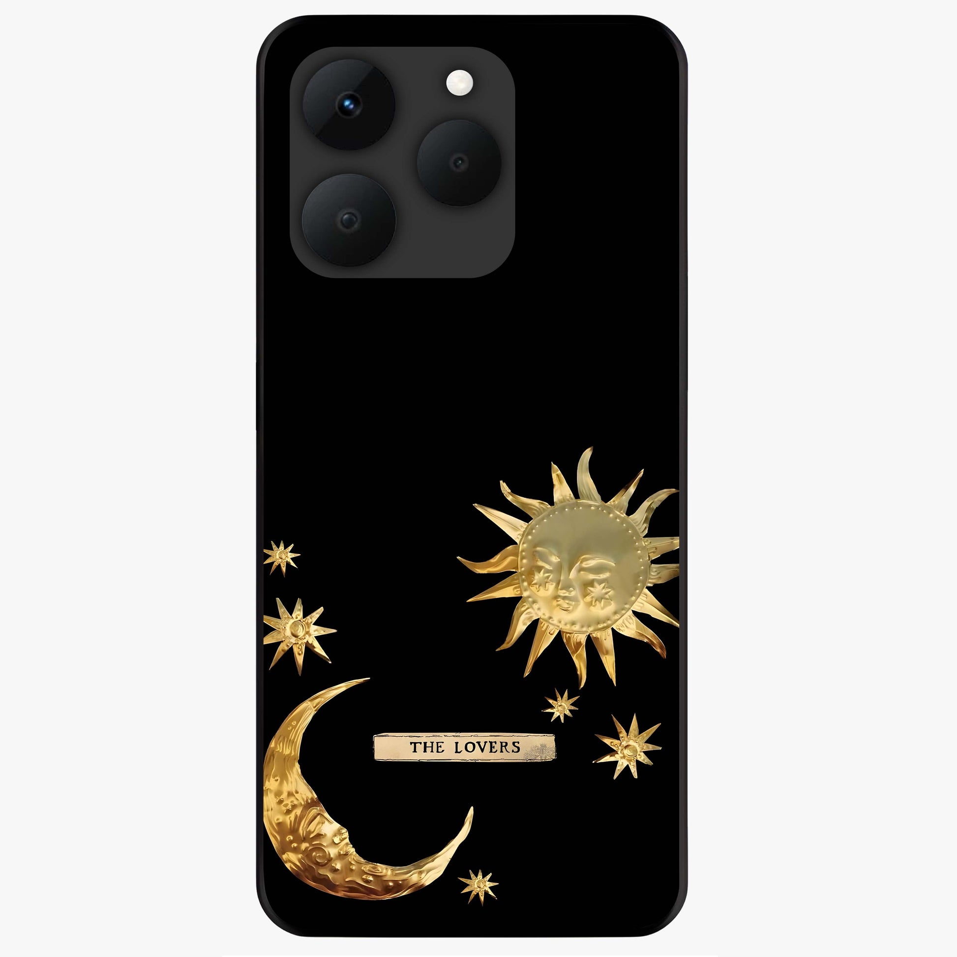 Golden Celestial Charm Glass Case showing flat back view with golden celestial charm artwork and glossy glass finish.