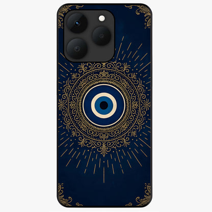 Golden Evil Eye Mandala Glass Case showing flat back view with intricate evil eye mandala artwork and glossy glass finish.