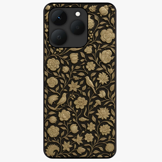 Golden Floral Majesty Glass Case showing flat back view with luxurious golden floral artwork and glossy glass finish.