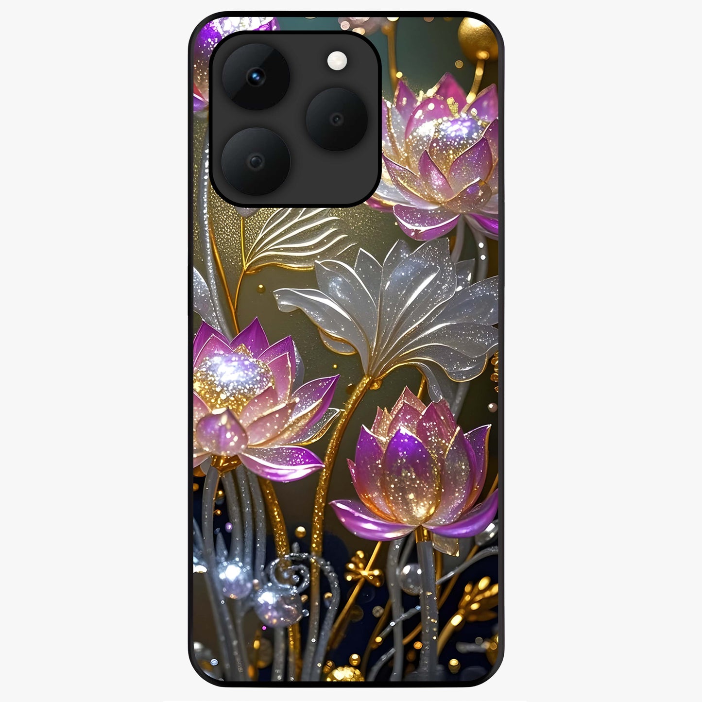 Golden Lotus Glow Glass Case showing flat back view with glowing lotus flower artwork and glossy glass finish.