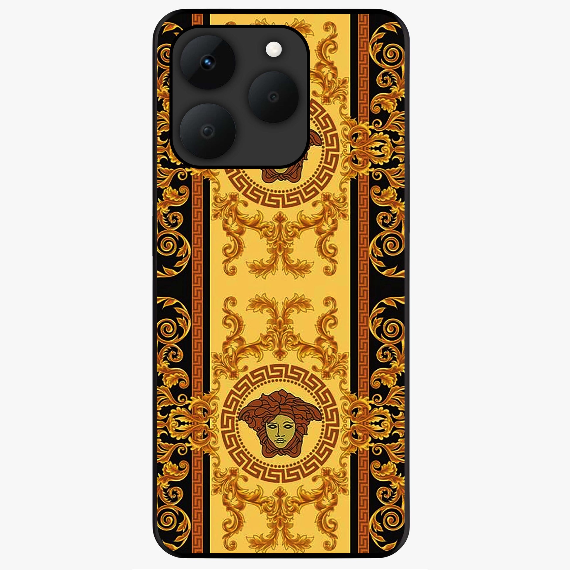 Golden Royal Heritage Glass Case showing flat back view with ornate royal pattern artwork and glossy glass finish.