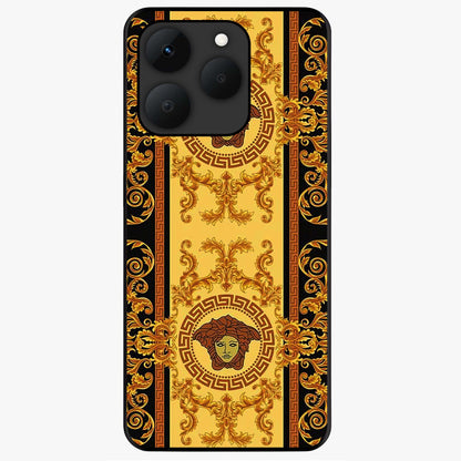 Golden Royal Heritage Glass Case showing flat back view with ornate royal pattern artwork and glossy glass finish.
