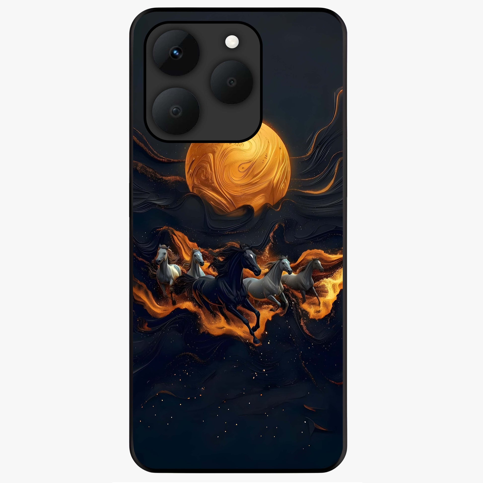 Golden Stallion Moonride Glass Case showing flat back view with majestic horse under moonlight artwork and glossy glass finish.
