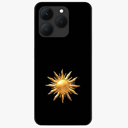 Golden Sun Minimalism Glass Case showing flat back view with minimal golden sun artwork and glossy glass finish.