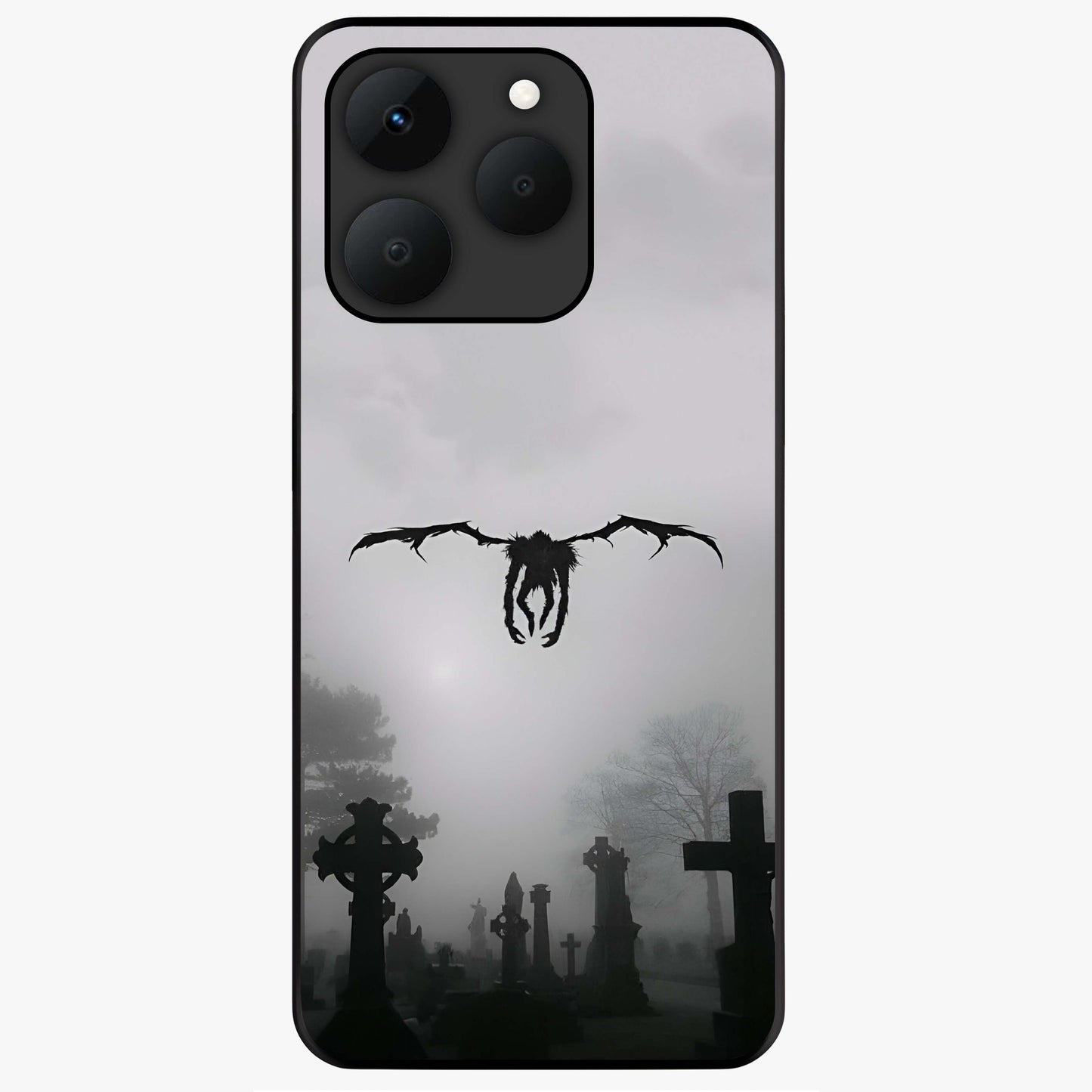 Graveyard Shadow Descent Glass Case showing flat back view with dark graveyard themed artwork and glossy glass finish.