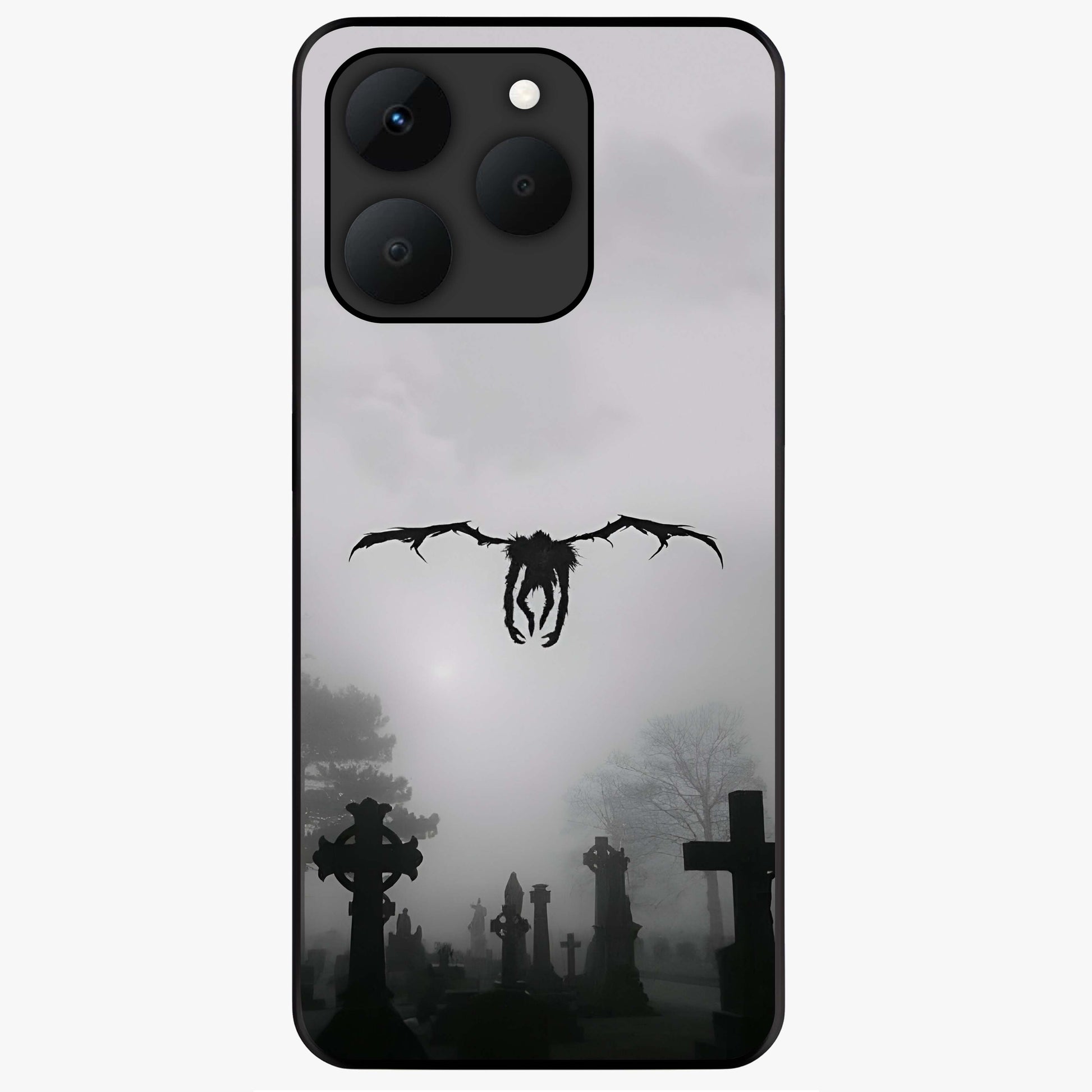Graveyard Shadow Descent Glass Case showing flat back view with dark graveyard themed artwork and glossy glass finish.