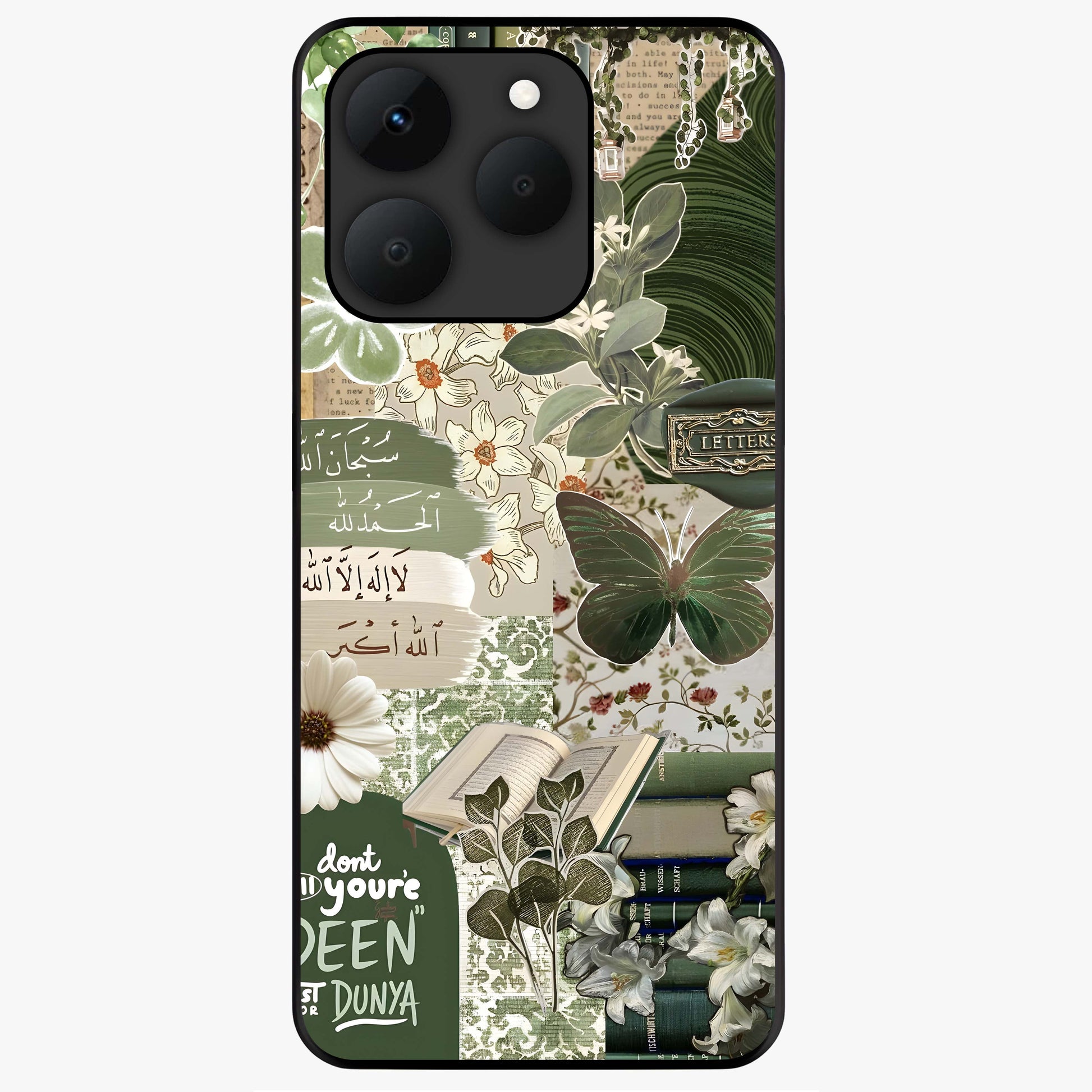 Green Islamic Books Quotes Glass Case showing flat back view with Islamic quotes and book themed artwork and glossy glass finish.