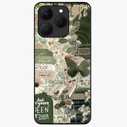 Green Islamic Books Quotes Glass Case showing flat back view with Islamic quotes and book themed artwork and glossy glass finish.