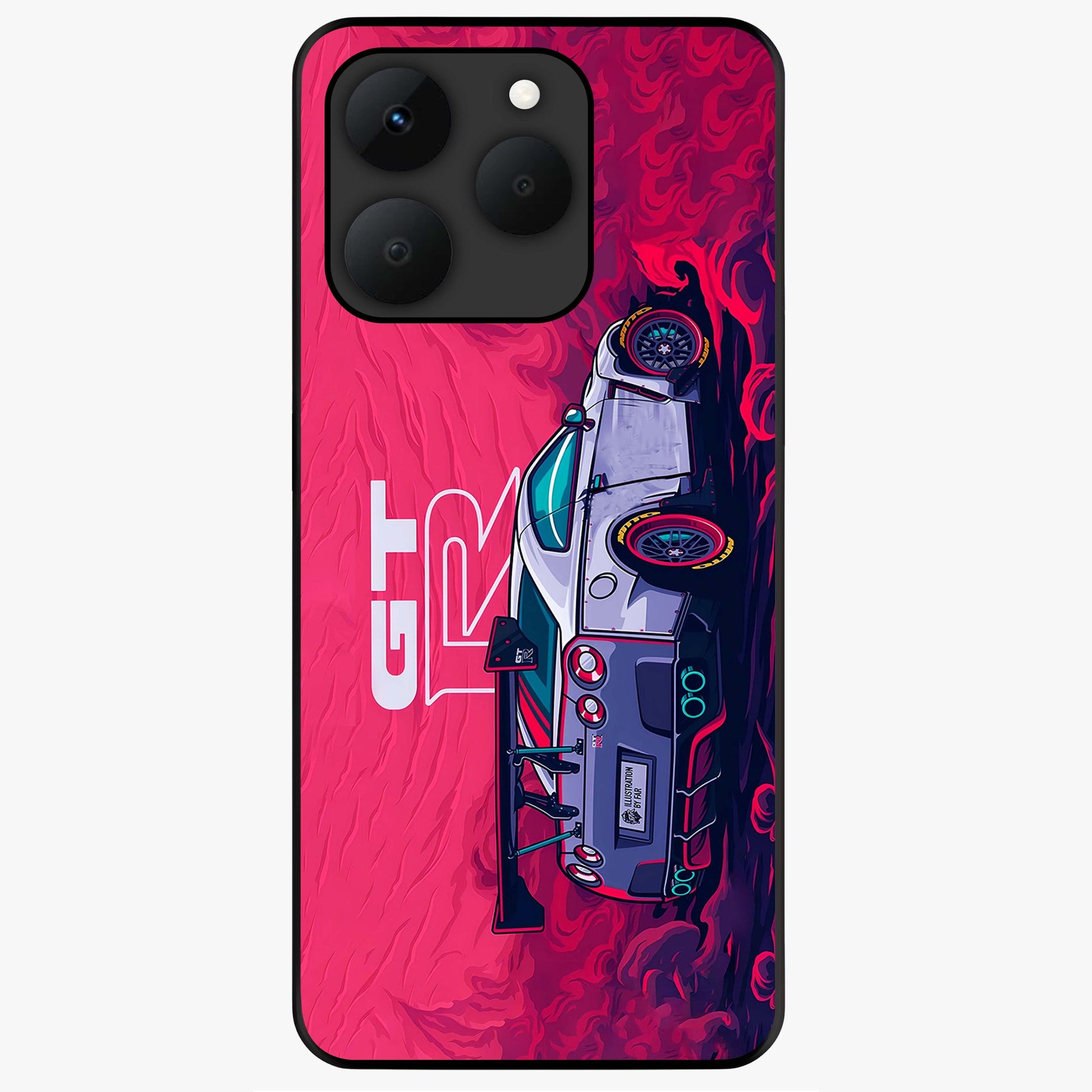 GT-R Car Pattern Glass Case showing flat back view with sporty car inspired pattern artwork and glossy glass finish.