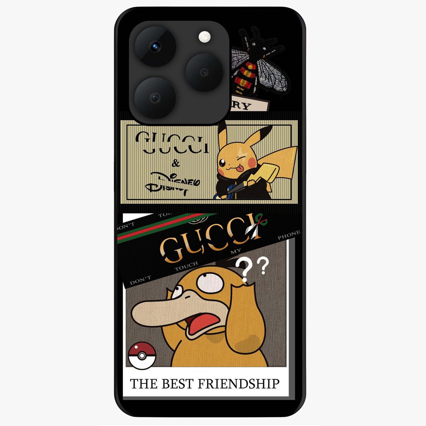 Gucci Play Mashup Glass Case showing flat back view with luxury inspired graphic artwork and glossy glass finish.
