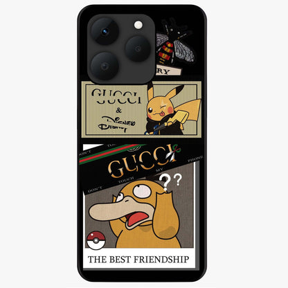 Gucci Play Mashup Glass Case showing flat back view with luxury inspired graphic artwork and glossy glass finish.
