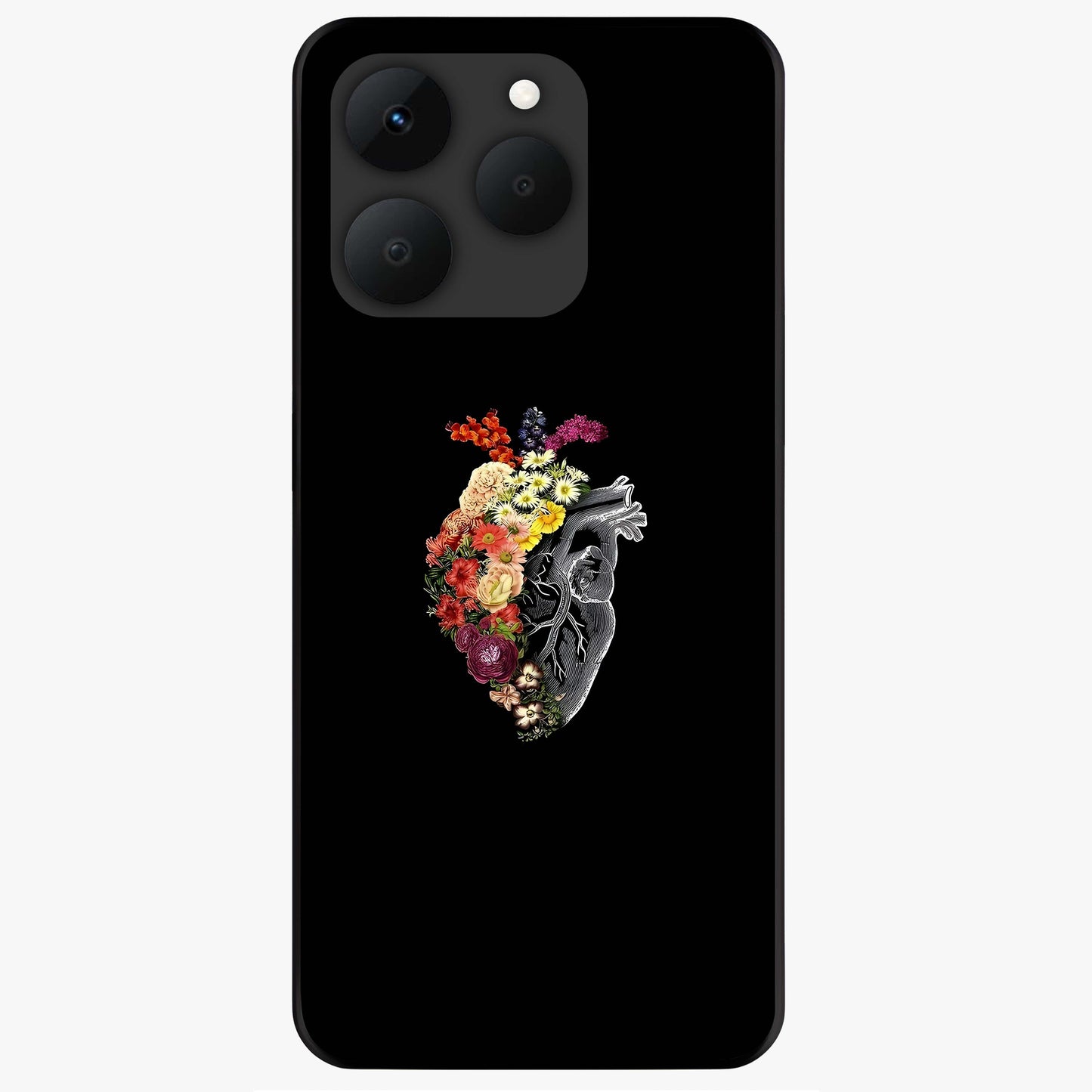 Heart With Flowers Glass Case showing flat back view with heart shaped floral artwork and glossy glass finish.