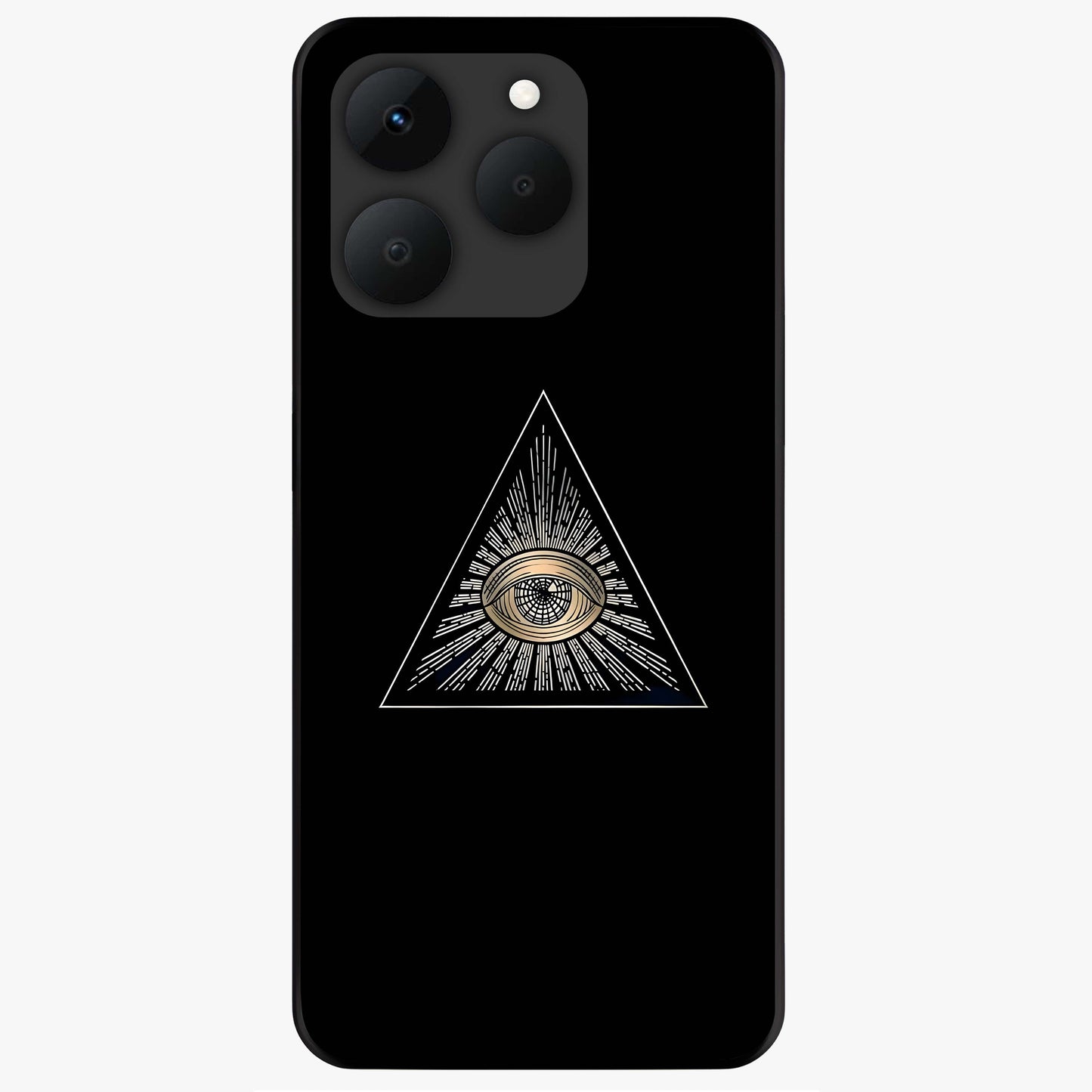Illuminati Evil Glass Case showing flat back view with mysterious illuminati symbol artwork and glossy glass finish.
