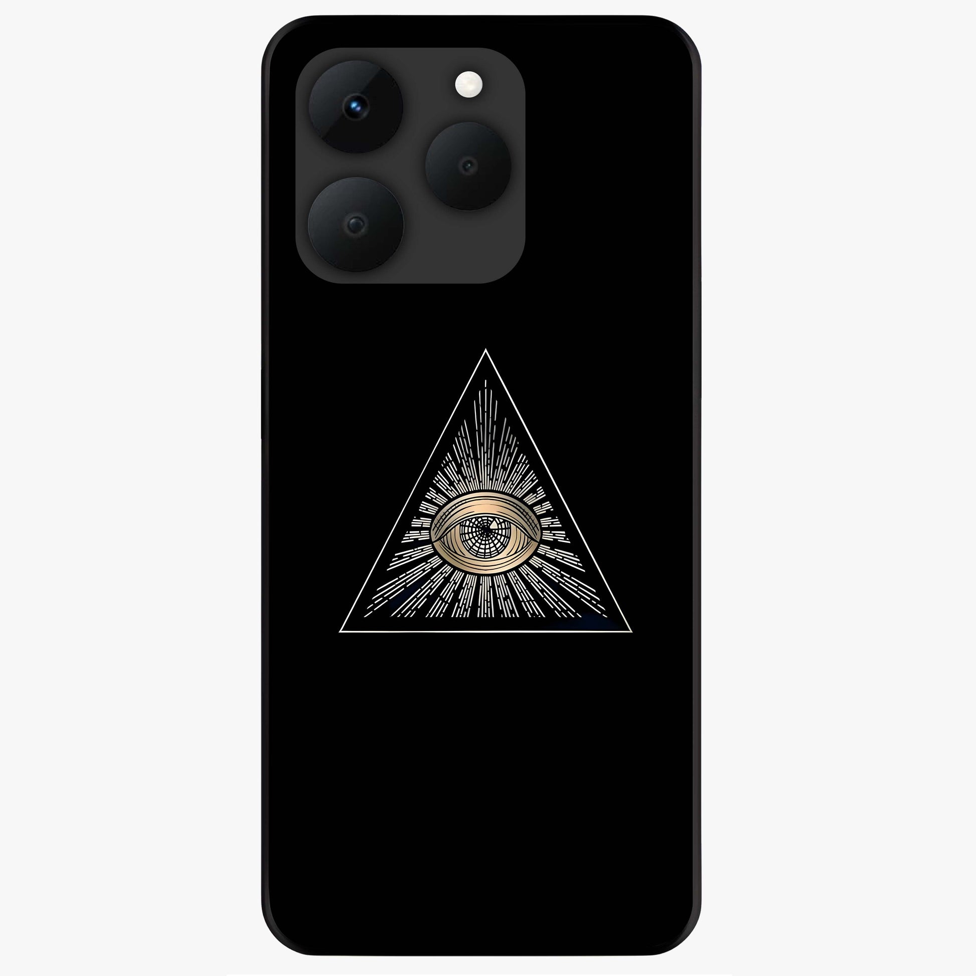 Illuminati Evil Glass Case showing flat back view with mysterious illuminati symbol artwork and glossy glass finish.
