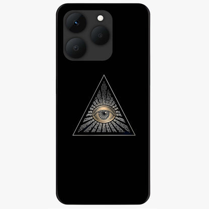 Illuminati Evil Glass Case showing flat back view with mysterious illuminati symbol artwork and glossy glass finish.