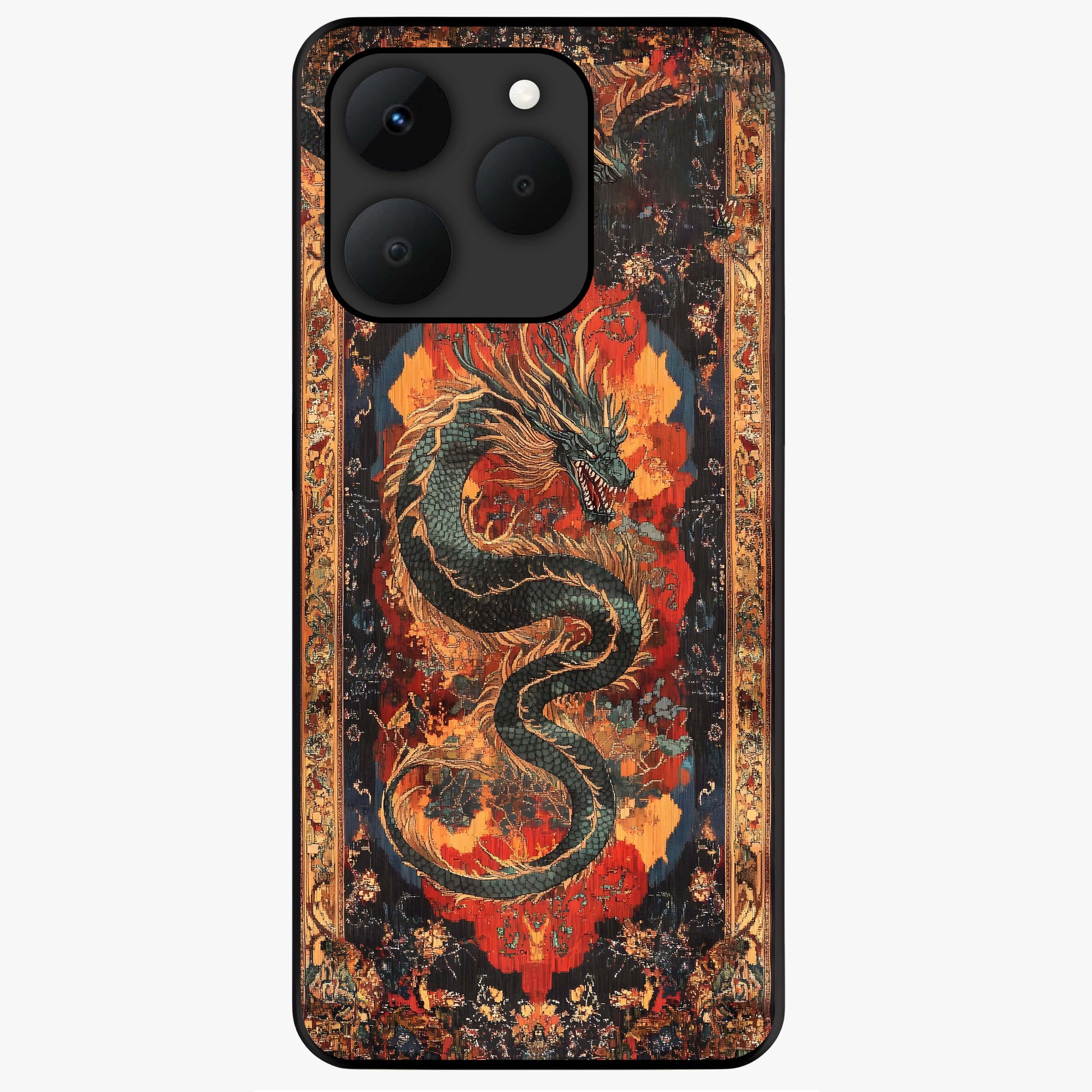 Inferno Dragon Soul Glass Case showing flat back view with fiery dragon artwork and glossy glass finish.