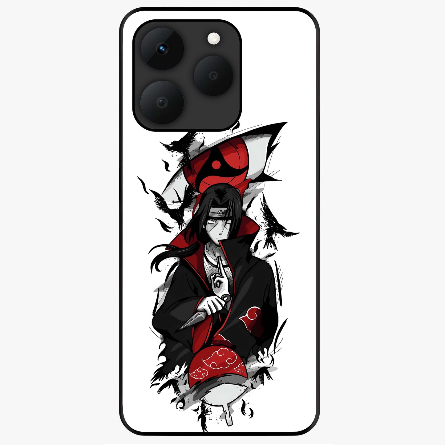 Itachi Sharingan Glass Case showing flat back view with powerful anime eye artwork and glossy glass finish.