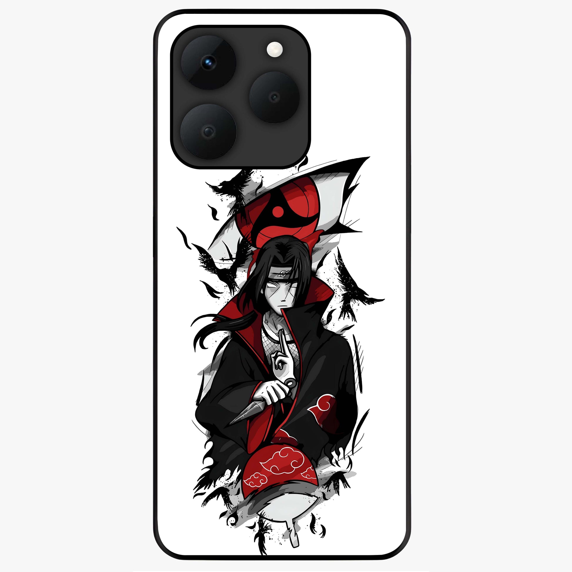 Itachi Sharingan Glass Case showing flat back view with powerful anime eye artwork and glossy glass finish.