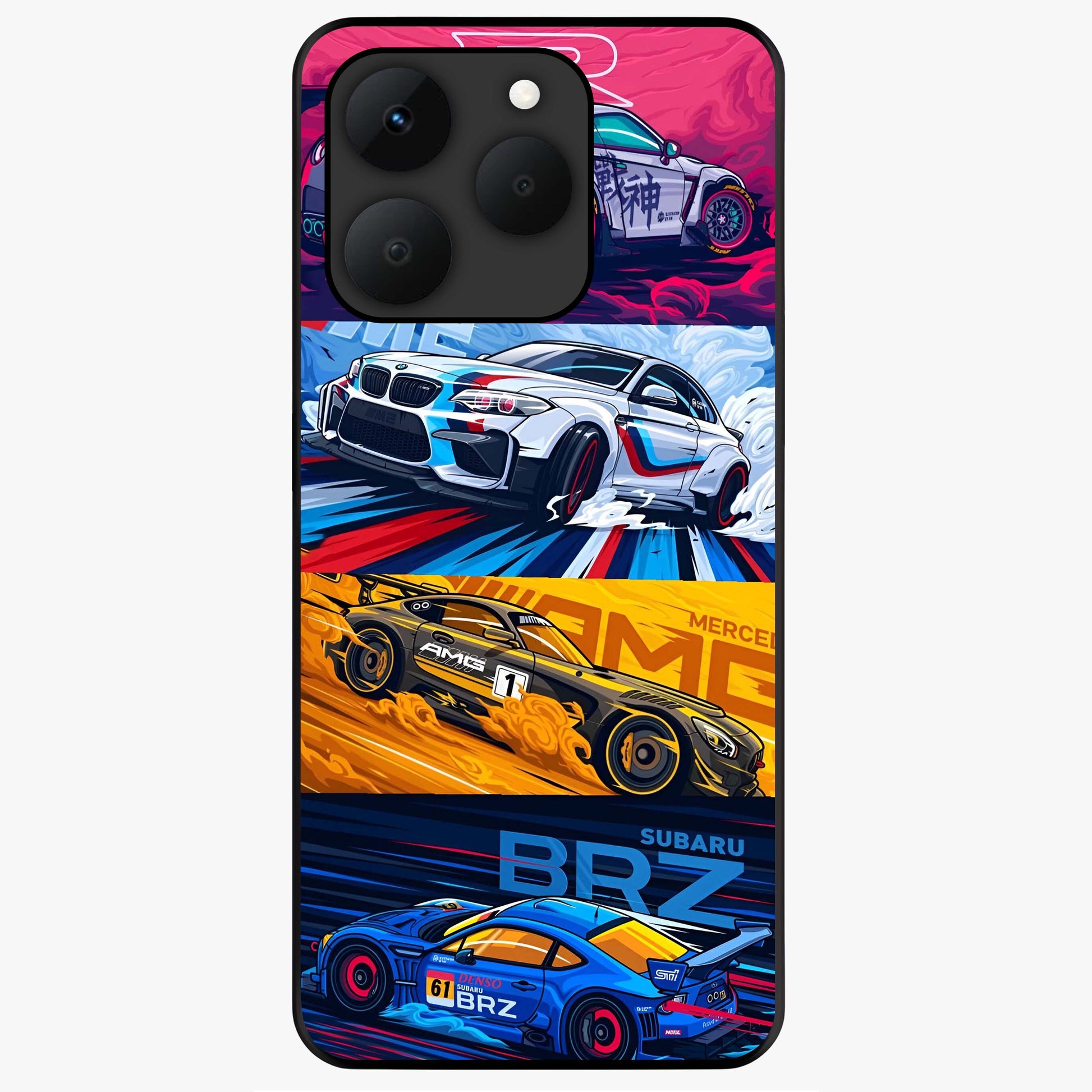 JDM Sports Car Glass Case showing flat back view with high performance sports car artwork and glossy glass finish.