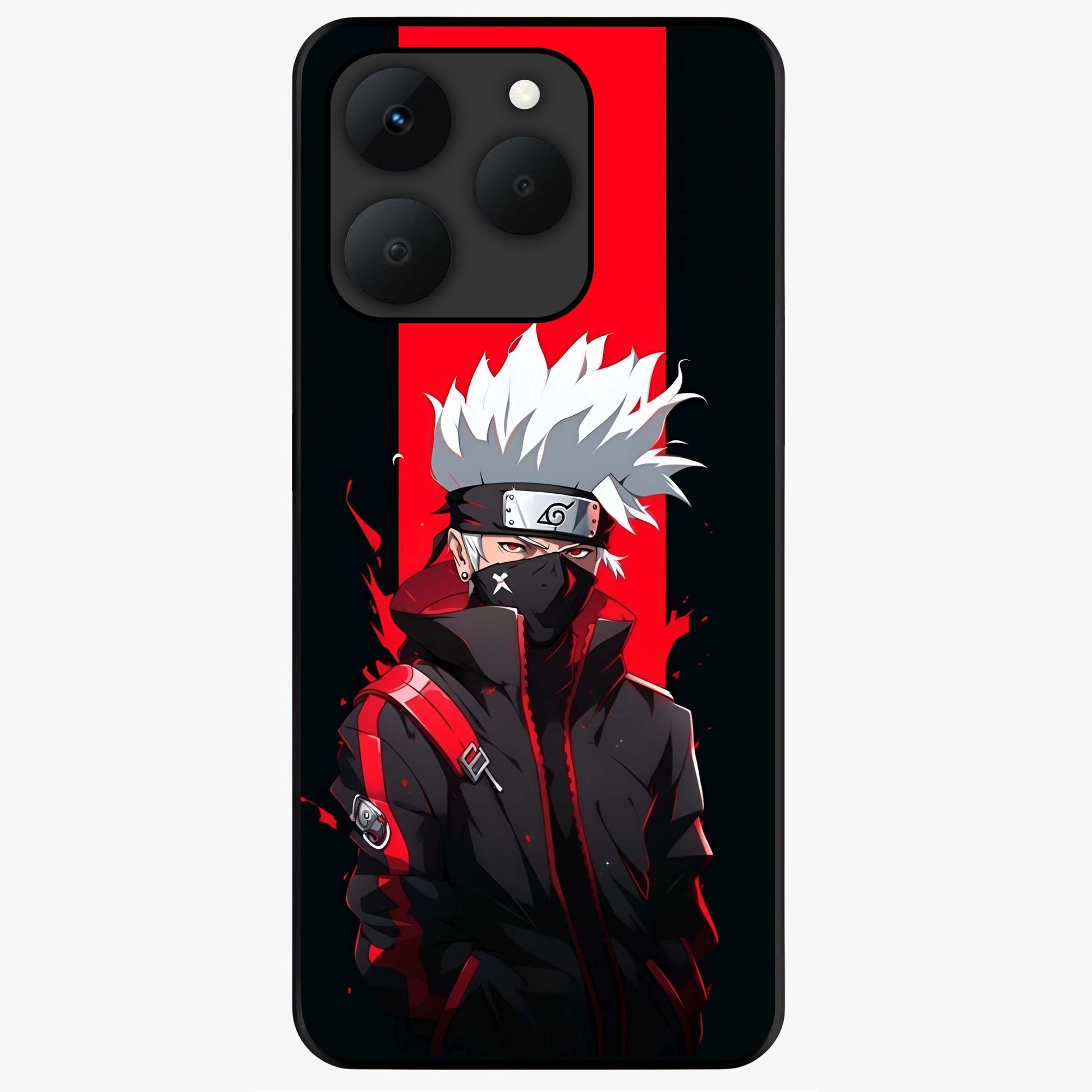Kakashi Scarlet Shadow Glass Case showing flat back view with powerful anime ninja artwork and glossy glass finish.