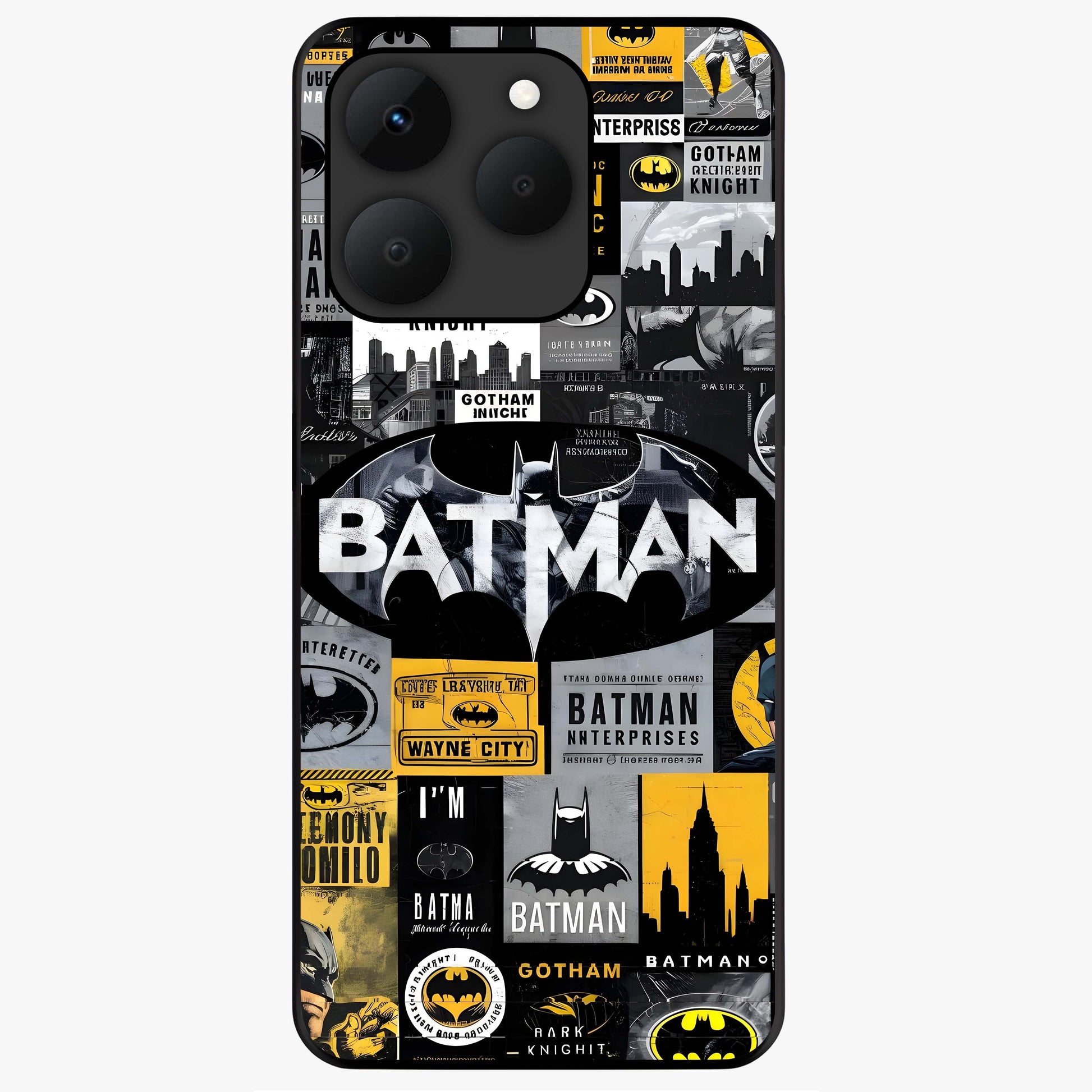 Knight Gotham Rise Glass Case showing flat back view with dark hero inspired artwork and glossy glass finish.