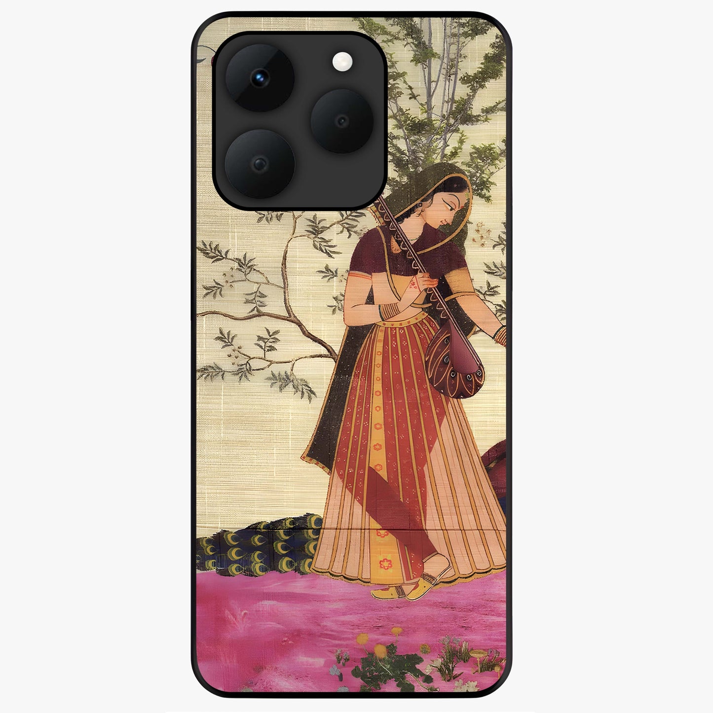 Lady With Veena Art Glass Case showing flat back view with elegant woman playing veena artwork and glossy glass finish.