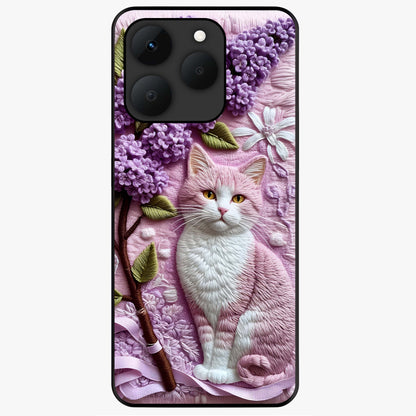 Lavender Cat Whimsy Glass Case showing flat back view with cute lavender cat artwork and glossy glass finish.