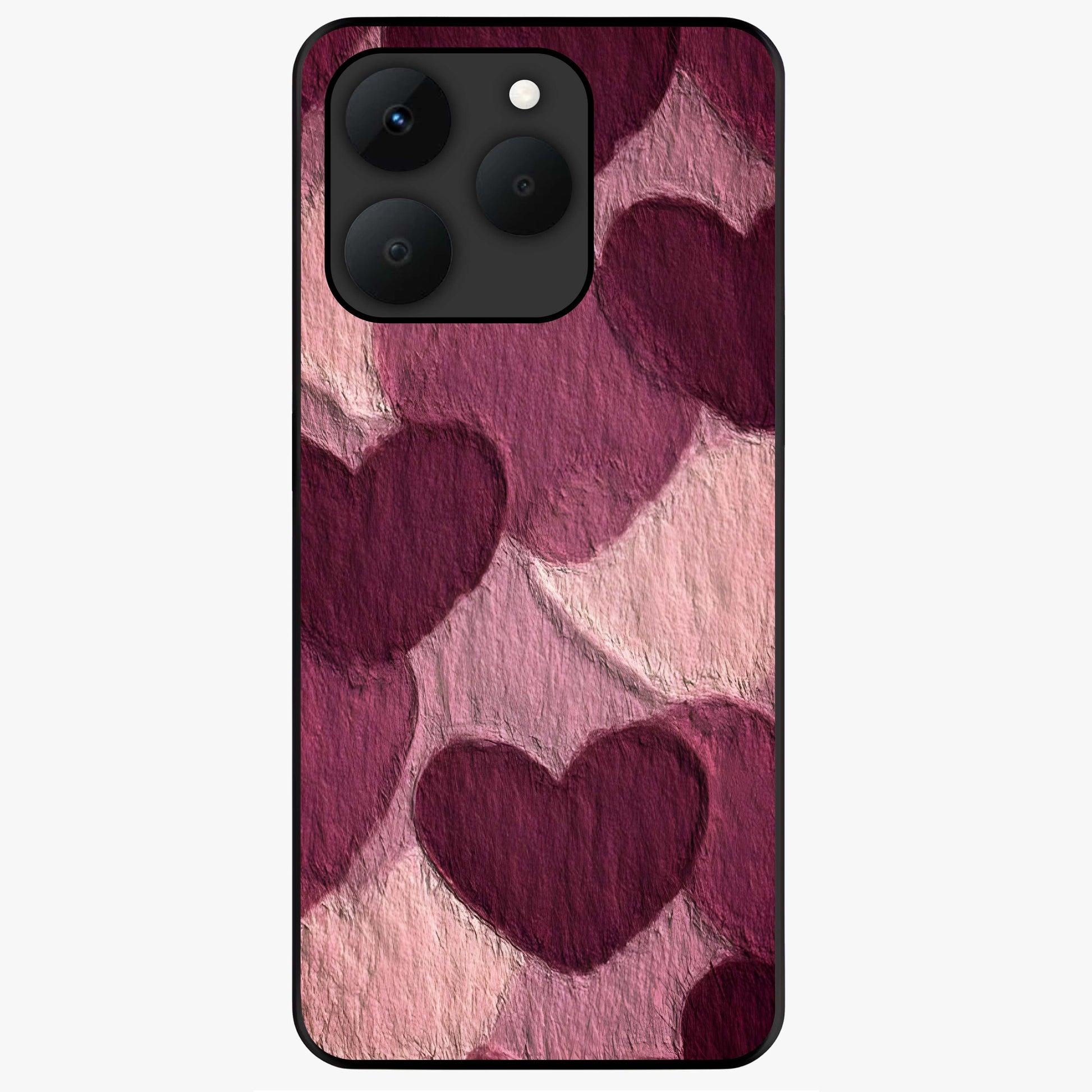 Layered Paper Hearts Glass Case showing flat back view with layered paper heart artwork and glossy glass finish.