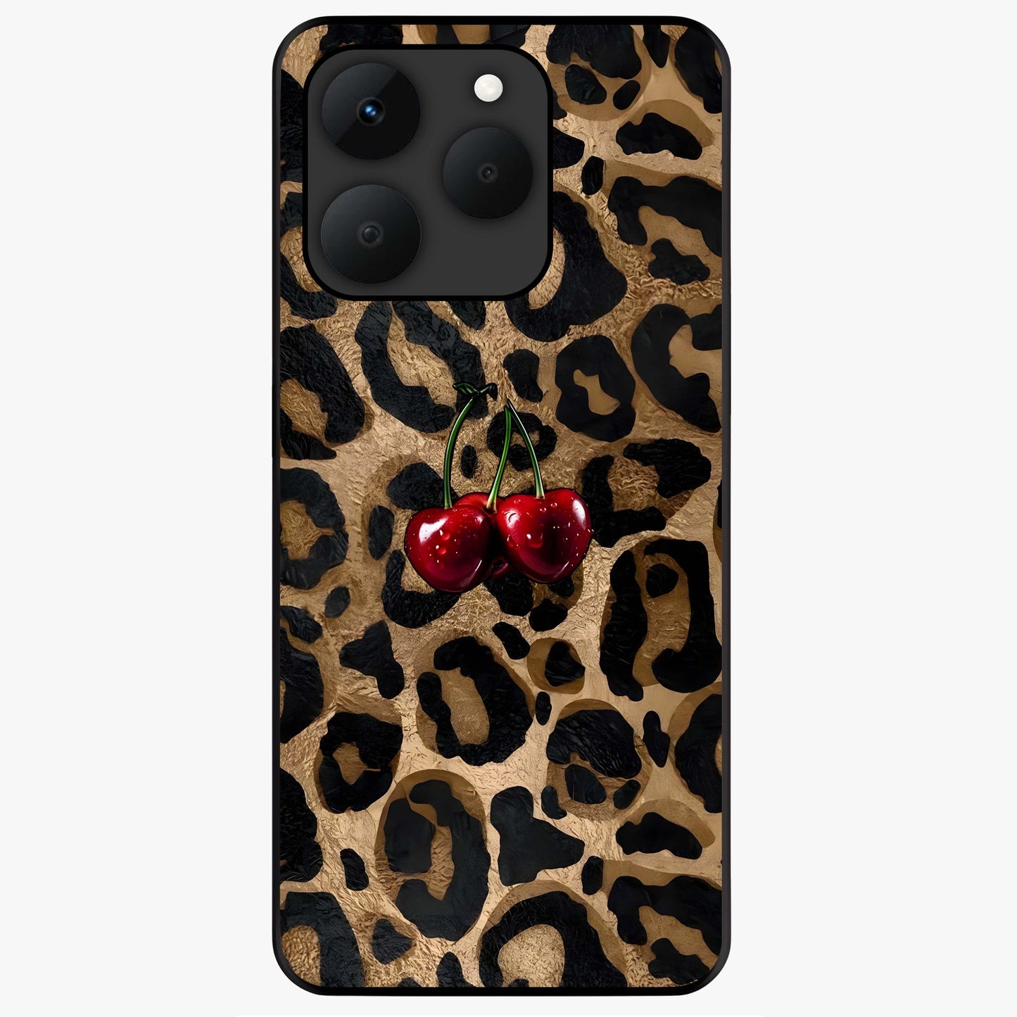 Leopard Wild Cherry Glass Case showing flat back view with leopard pattern and cherry artwork and glossy glass finish.