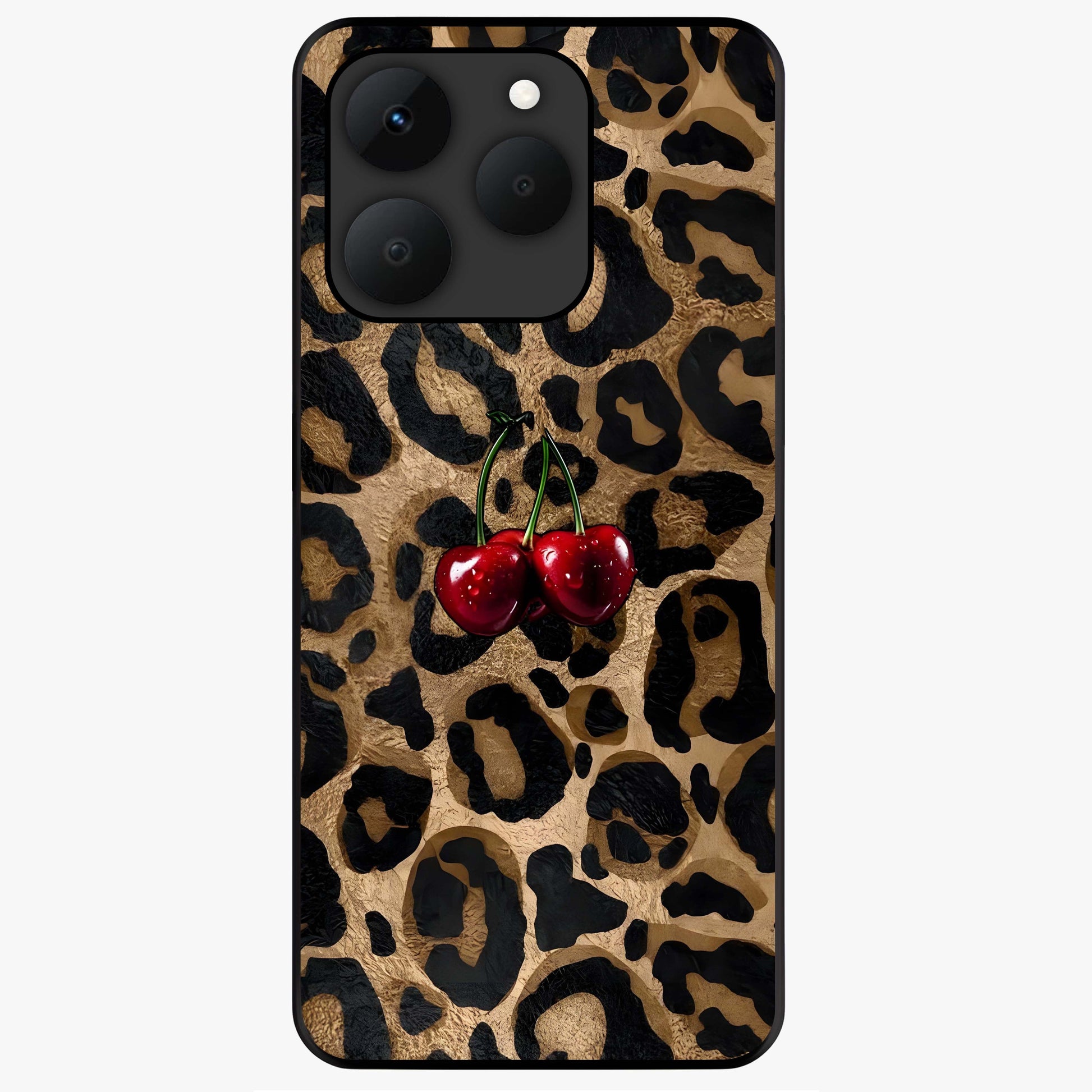 Leopard Wild Cherry Glass Case showing flat back view with leopard pattern and cherry artwork and glossy glass finish.