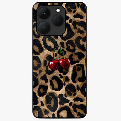 Leopard Wild Cherry Glass Case showing flat back view with leopard pattern and cherry artwork and glossy glass finish.