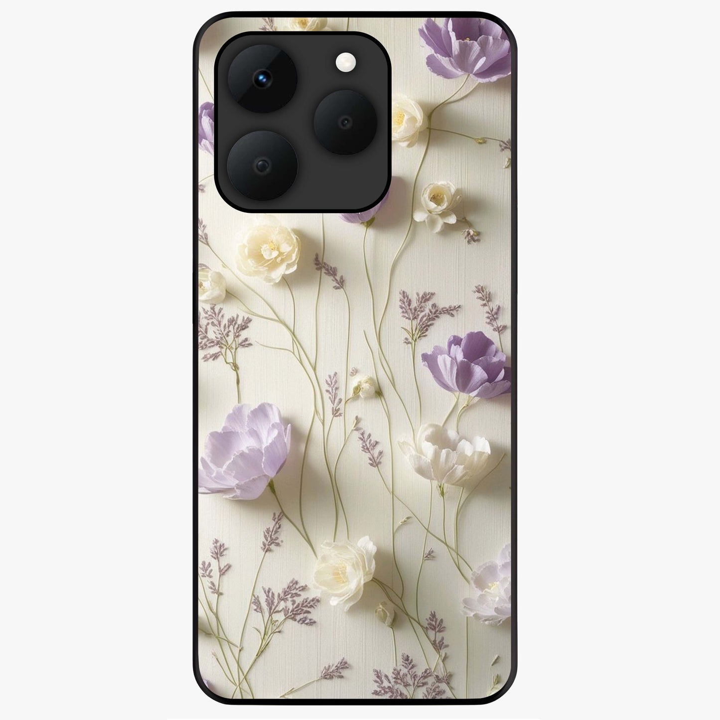 Lilac Breeze Harmony Glass Case showing flat back view with soft lilac themed artwork and glossy glass finish.