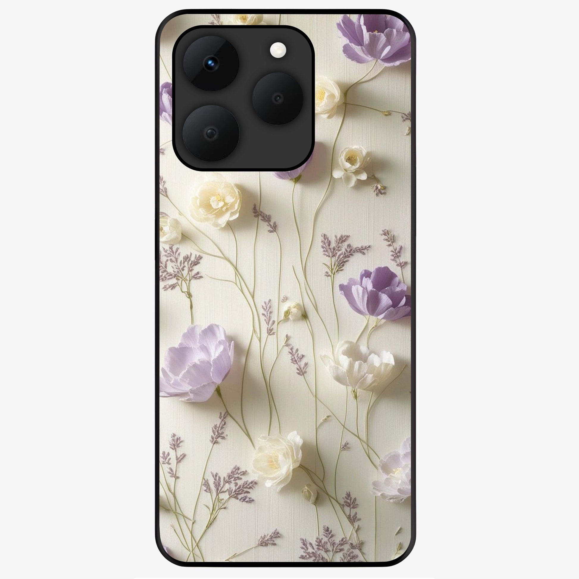 Lilac Breeze Harmony Glass Case showing flat back view with soft lilac themed artwork and glossy glass finish.