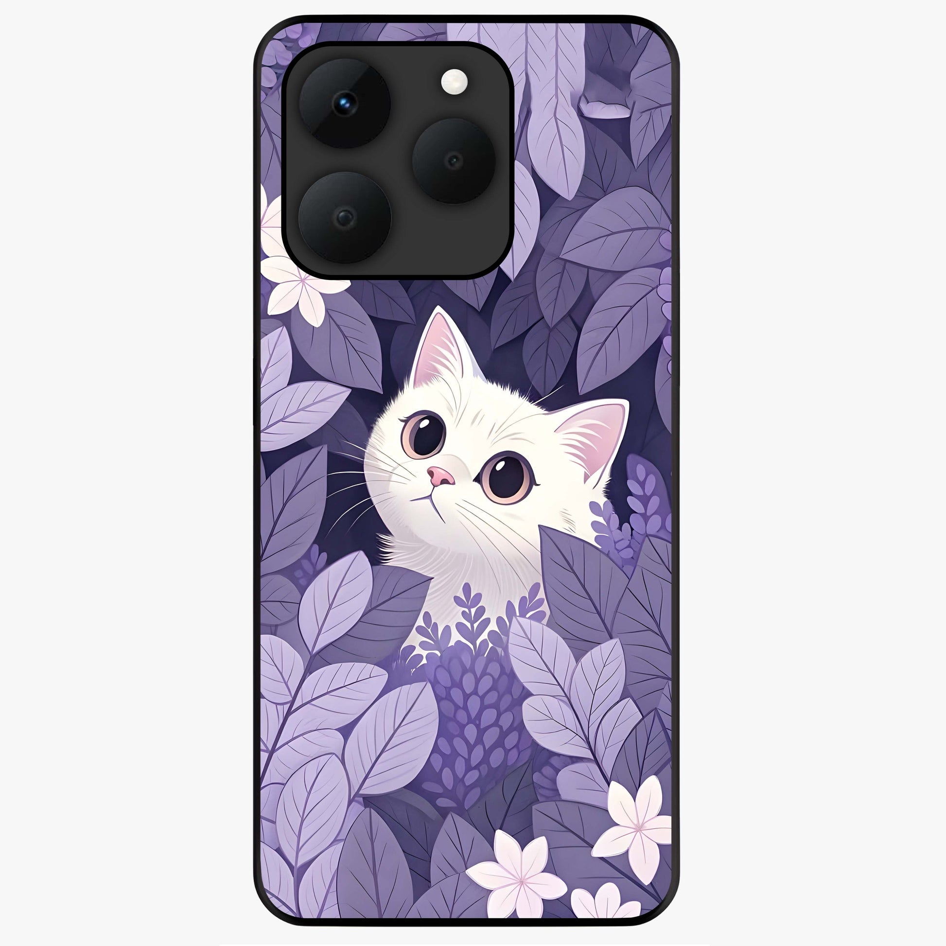 Lilac Hide Peek Cat Glass Case showing flat back view with cute peeking cat artwork and glossy glass finish.