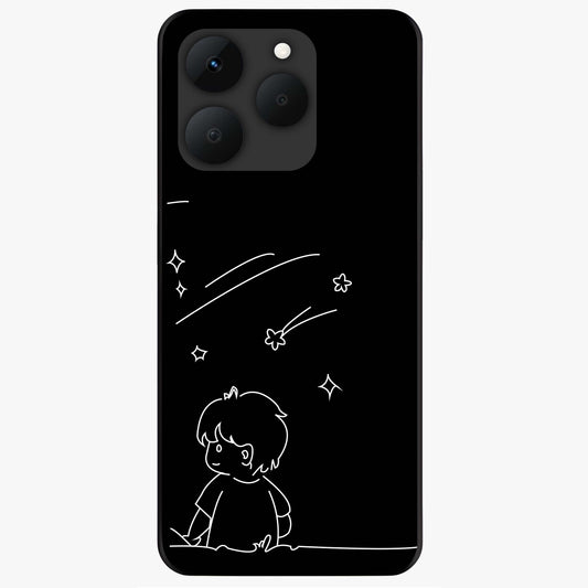 Line Art Boy With Shooting Stars Glass Case showing flat back view with minimal line art boy and shooting stars illustration and glossy glass finish.