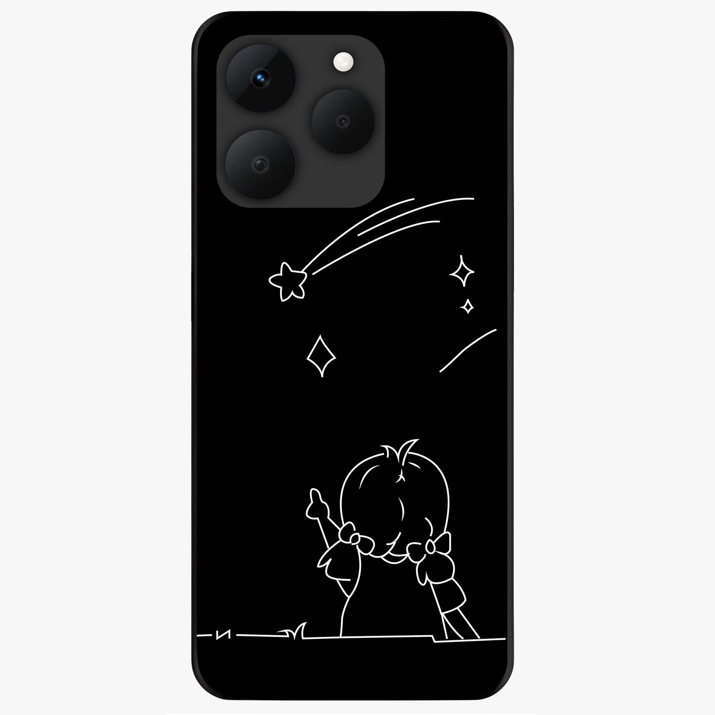 Line Art Girl With Shooting Stars Glass Case showing flat back view with minimal line art girl and shooting stars illustration and glossy glass finish.