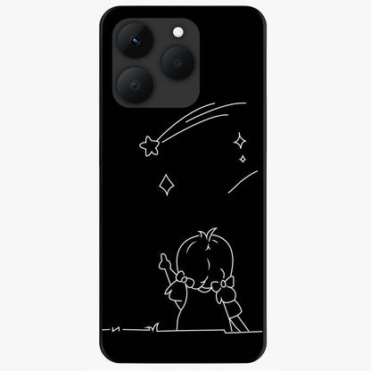 Line Art Girl With Shooting Stars Glass Case showing flat back view with minimal line art girl and shooting stars illustration and glossy glass finish.