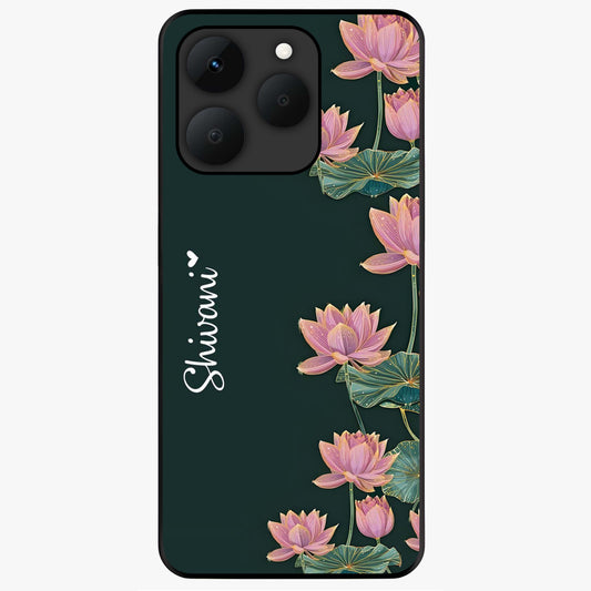 Lotus Bloom Serenity Custom Name Glass Case showing flat back view with elegant lotus flower artwork and personalized name design.