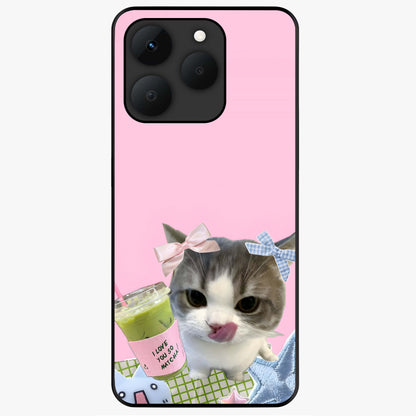 Love Matcha Cat Glass Case showing flat back view with cute cat and matcha themed artwork and glossy glass finish.