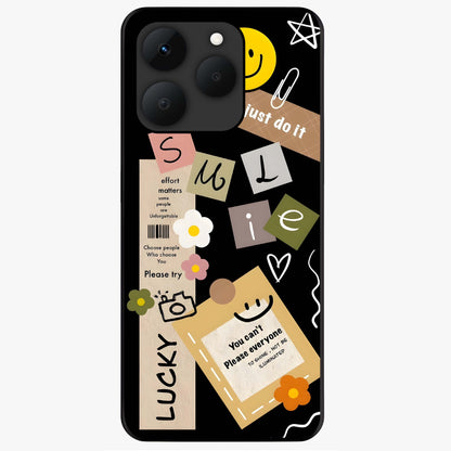 Lucky Aesthetic Collage Glass Case showing flat back view with trendy aesthetic collage artwork and glossy glass finish.