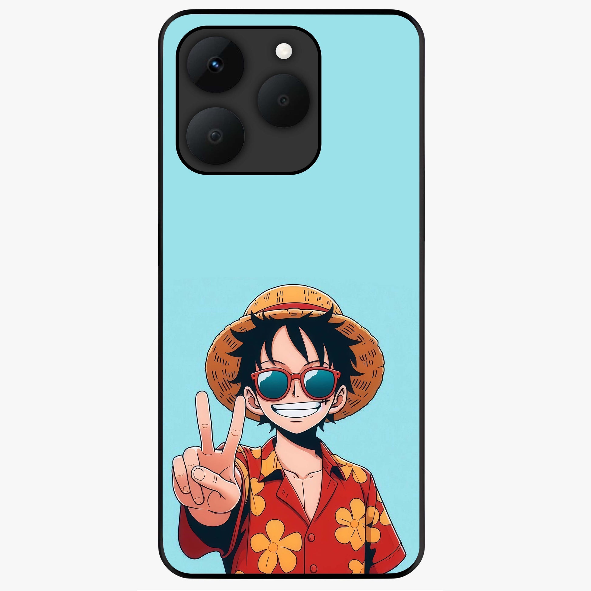 Luffy Summer Anime Vibe Glass Case showing flat back view with vibrant anime character artwork and glossy glass finish.